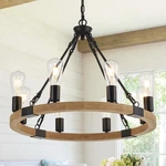 8-LIGHT Rustic Wooden Wagon Wheel Chandelier For Farmhouse Living Spaces. Fixed Price $266.99.