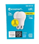 Ecosmart 75W Equivalent A19 Led Light Bulbs Bright White 1100 Lumens 2-PACK New. Fixed Price $10.98.