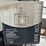 Hampton Bay Boswell Quarter 1-LIGHT Pendant, Brush, Nickel, And Weathered Wood. Fixed Price $75.00.