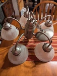 Hampton Bay 5-LIGHT Brushed Nickel Chandelier W/frosted Glass Shades IUT8115A-3. Fixed Price $50.00.