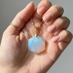 Natural Opalite Hexagon Pendant 45-50CT Golden Bail Necklace Jewellery. Fixed Price $31.09.