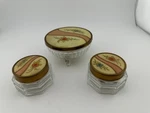 Vintage Art Deco Glass Vanity Jar Set W/ Floral Celluloid Lids 1940S/50S Lot. Fixed Price $39.99.