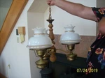 Colonial Wooden & Metal Vintage 3 Light Hanging Chandelier White Ruffled Globes. Fixed Price $289.99.