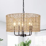 Zjvaive 18.9 In 5-LIGHT Black Boho Drum Chandelier W/ Natural Rattan Shade. Fixed Price $62.99.