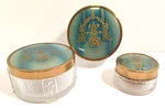 Set Of 3 Vintage Art Deco Ribbed Frosted Glass Asain Design Footed Vanity Jars. Fixed Price $39.00.