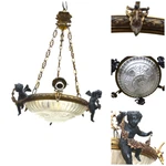 Antique French Bronze Putti Cherub Ram Heads Chandelier Glass Bowl Art Nouveau. Fixed Price $1540.00.