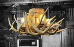 4 Light Chandelier Real Antlers Antique Wood Wagon Wheel Hub. Fixed Price $299.00.