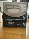 Hampton Bay Flaxmere Led Flush Mount 12" Brushed Nickel Frosted White. Fixed Price $20.97.