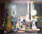 Robert Vernet Bonfort Fine Gallery Original Oil Painting Table Antique Lamps. Fixed Price $346.50.