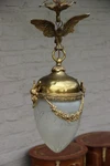 Antique French Bronze Crystal Glass Lantern Chandelier Eagle Ram Heads. Fixed Price $910.00.