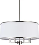 Elegant 4-LIGHT Drum Pendant With White Shade & Brushed Nickel Finish. Fixed Price $249.99.