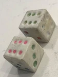 Occupied Japan Era Kilned Jumbo Colored Pips Dice Pair 120723. Fixed Price $11.50.