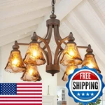 Lanpesting Vintage Farmhouse Chandelier 27 Inch Adjustable Amber Glass. Fixed Price $215.67.