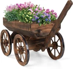 Rustic Wooden Wagon Planter With Wheels Outdoor Garden Patio Flower Cart. Fixed Price $119.52.