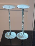 Vintage French Country Aqua Blue Shabby Chic Cast Iron Scroll Candle Holders. Fixed Price $38.25.