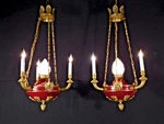 Pair Antique 4 Light Neoclassical Eagle Flame Globe Oxblood Empire Chandelier. Fixed Price $3950.00.