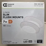 Commercial Electric 7 In. Matte White Led Slim Flush Mount Light 3000K (2-PACK). Fixed Price $23.95.