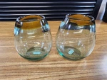 Kalalou 2 Clear Stemless Wine Glass Light Green Hand Blown About 4 3/8 Tall. Fixed Price $24.99.