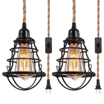 Asnxcju Industrial Plug Pendant Light, Black With Hemp Cord (2 Pack). Fixed Price $57.55.