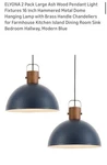 Modern 16" Ash Wood Pendant Light With Blue Metal & Brass Handle. Fixed Price $69.99.