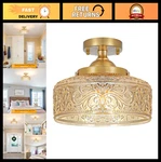 Vintage 3-LIGHT Gold Semi Flush Mount Ceiling With Amber Glass Ideal For. Fixed Price $95.99.