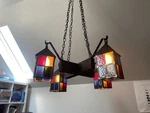 Vintage Large Leaded Stained Glass Wood Hanging Chandelier Lantern Light Fixture. Fixed Price $450.00.