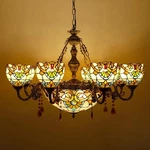 Tiffany Chandelier 11 Lights Cream Brown Stained Glass Pendant Chain Adjus. Fixed Price $626.99.