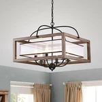 Jojospring 6-LIGHT Antique Black Metal Natural Wood Fabric Shade Chandelier. Fixed Price $46.99.