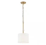 Home Decorators Dawson Aged Brass Shaded Pendant Light W/ White Drum. Fixed Price $44.99.