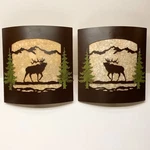 Elk With Painted Pine Wall Sconce Pair Frosted Amber Glass & Bronze Metal Light. Fixed Price $274.98.