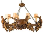 Vintage Lodge Chandelier With Pheasants Faux Leather Shades. Fixed Price $4549.00.