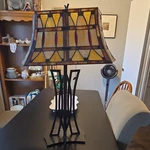 Meyda Tiffany Geometric Stained Glass Table Lamp Metal Base Pull Chain. Fixed Price $75.00.