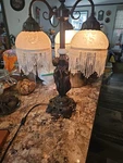 Vintage Meyda Tiffany Style Three (3) Graces Lamp W/ White Blown Glass Shades. Fixed Price $350.00.
