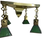Antique Tungstolier 4 Light Brass Chandelier Mission Arts Craft Green Slag Glass. Fixed Price $389.00.