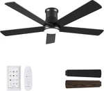 52" Black Low Profile Ceiling Fan With Light & Remote, 6 Speeds, Dimmable. Fixed Price $159.99.