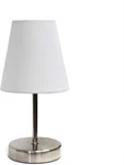Simple Designs 10 In. Sand Nickel Mini Basic Table Lamp With White Fabric Shade. Fixed Price $17.95.