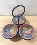 Pottery Serving Dishes 3 Pc Ornate Bowl Set W/cast Iron Caddy Ooak Snacks Party. Fixed Price $39.99.