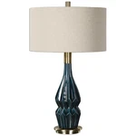 Prussian Deep Blue Ceramic Table Lamp Linen Shade Uttermost 27081. Fixed Price $388.80.