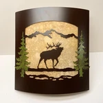 Rustic Elk With Painted Pine Tree Wall Sconce - Amber Glass & Bronze Metal Light. Fixed Price $138.00.