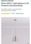 Park Harbor PHPL3421BN - Pendants Indoor Lighting. Fixed Price $59.90.