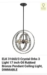 New Still Box Elk Lighting 31660/3 Crystal Orbs Modern Chandelier. Fixed Price $85.00.