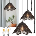 Tebio Rattan Plug-in Pendant Light Set Of 2, 12"X6" Boho Hanging Lamps, Bulbs. Fixed Price $75.56.